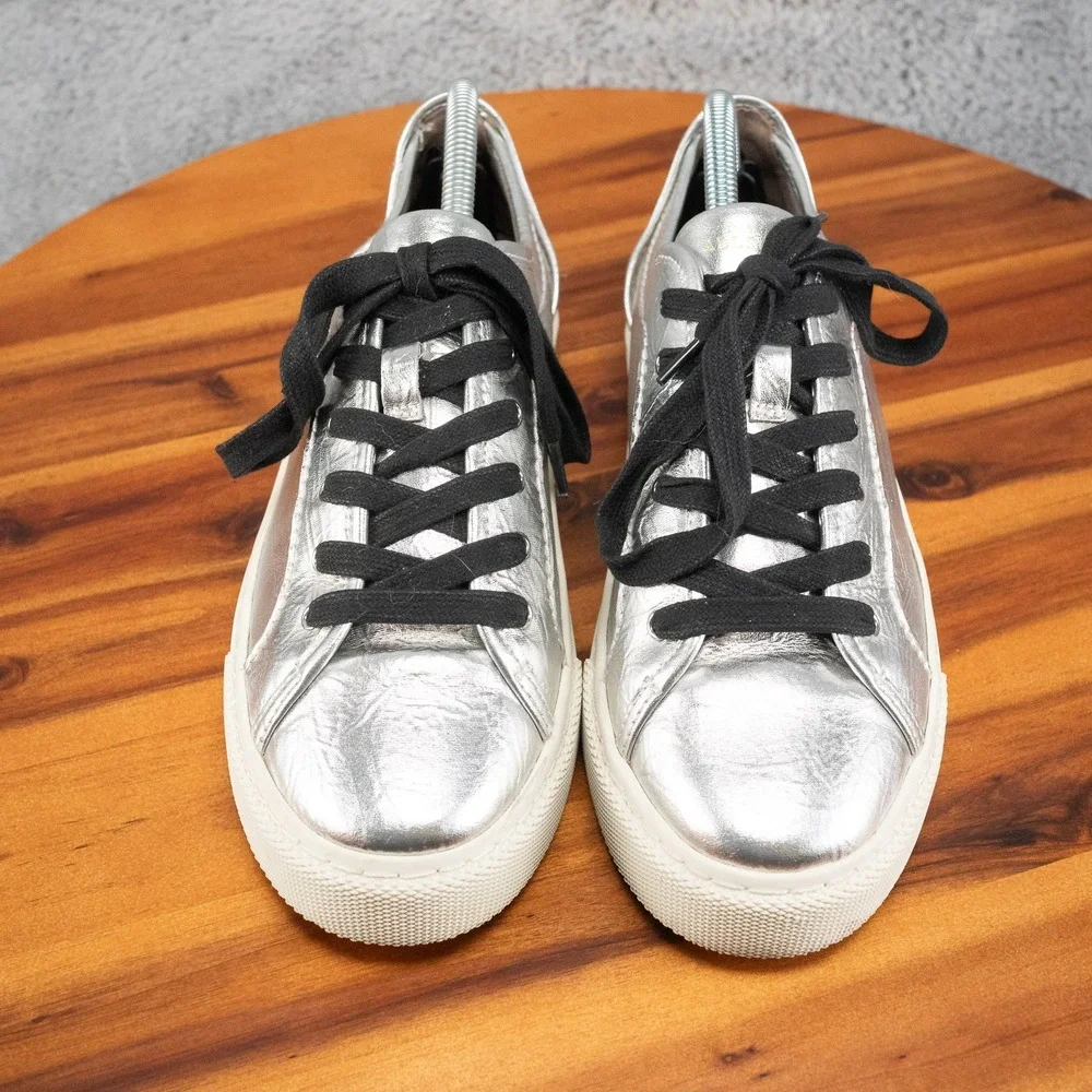 ALLSAINTS Shana Metallic Silver Low Top Shoes Trainers Sneaker Sz 10 Lace Up